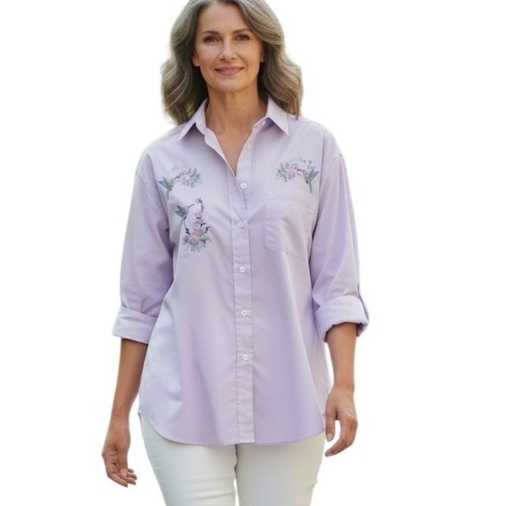 Las Olas Floral Embroidered Humming Birds Women's size Medium Button Up Shirt